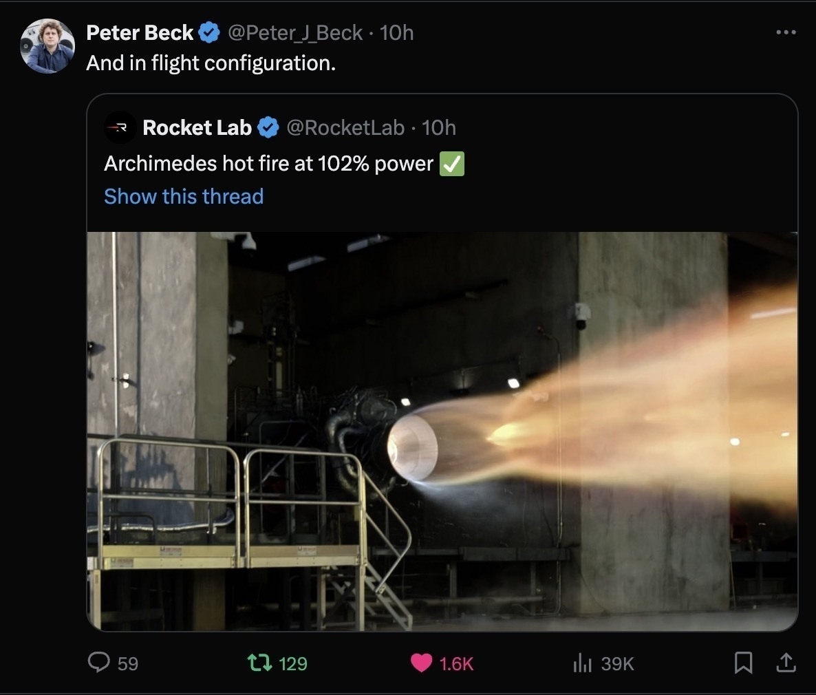 Screenshot of Rocket Lab Archimedes hot fire tweet by Peter Beck