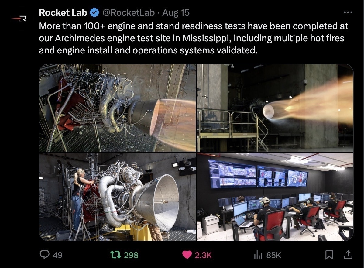 Screenshot Rocket Lab Tweet about Archimedes Engine Development